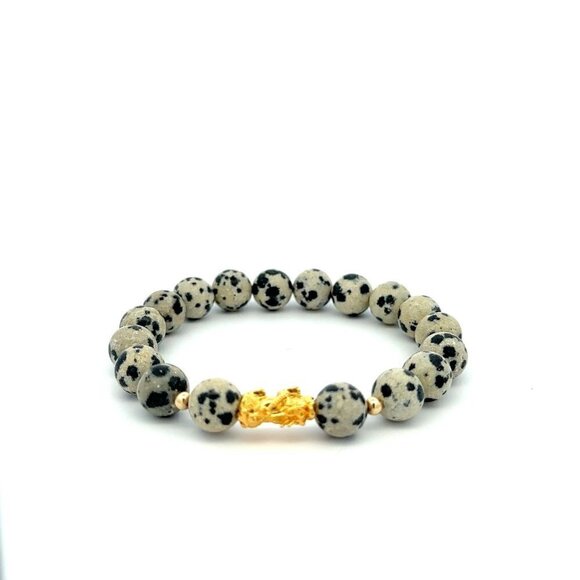 18K Gold Dragon Pixiu Piyao Lucky Bracelet Beads Gemstone Dalmatian Jasper 8mm - Picture 7 of 8